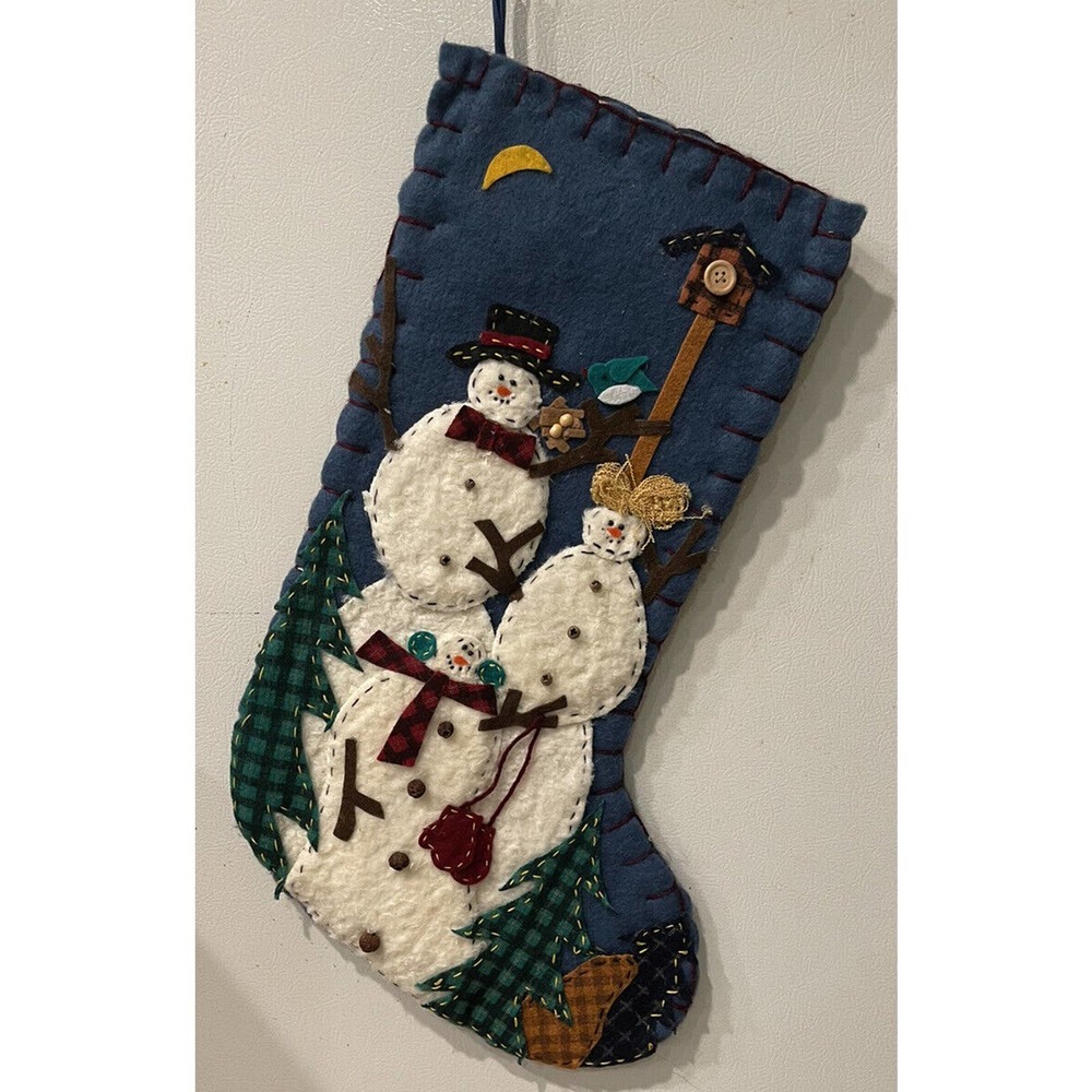 Vintage Blue Primitive Penny Felt Applique Christmas Stocking Snowman